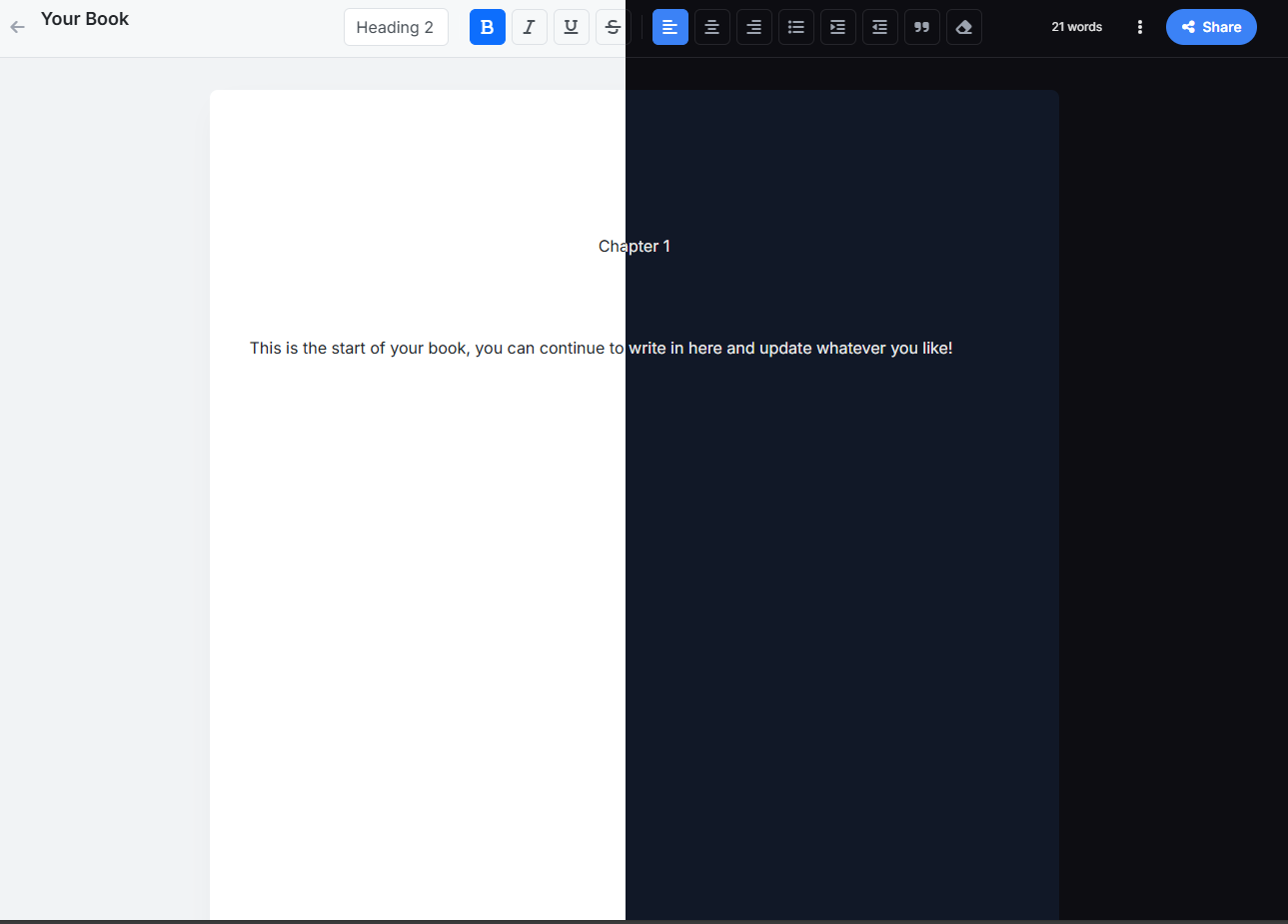 A screenshot of the Palimpsa Canvas editor showing the clean writing area.